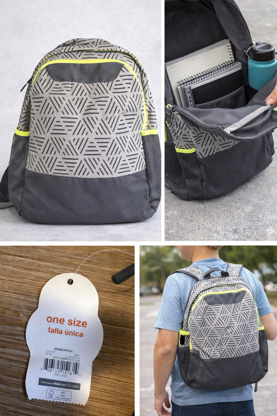 Kids Backpack – Gray Geometric Print w/ Neon Trim (One Size)